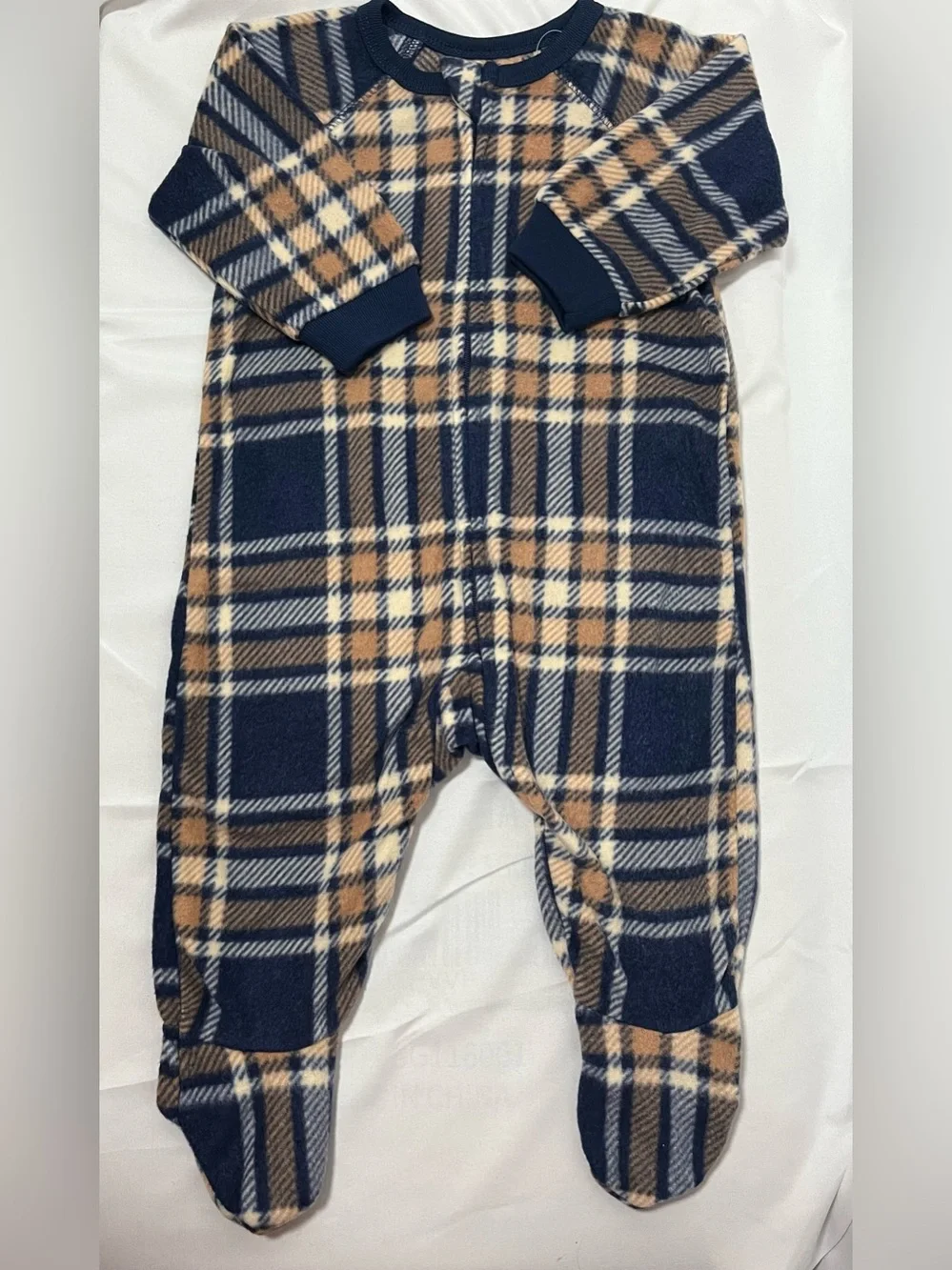 PJ Place Baby Fleece Footed Sleeper Plaid Blue Tan 3-6M NWT One Piece Pajamas
